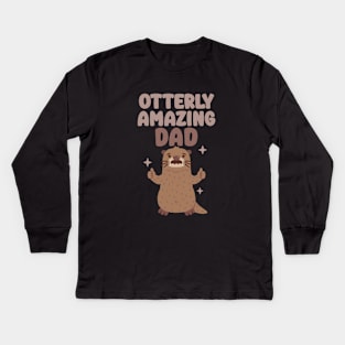 Funny Otter With Mustache Otterly Amazing Dad Pun Kids Long Sleeve T-Shirt
